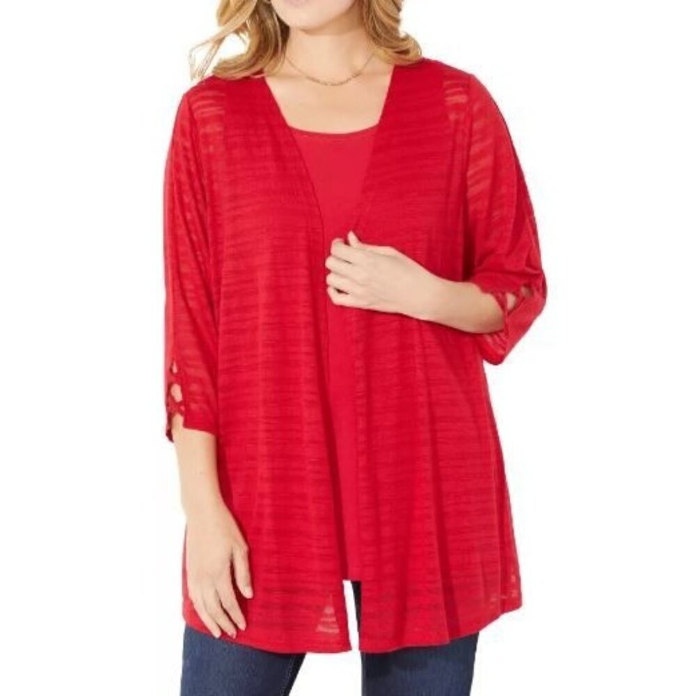 Catherines Shadow Stripe Open Drape Cardigan Women Plus Size 1X 3/4 Sleeve